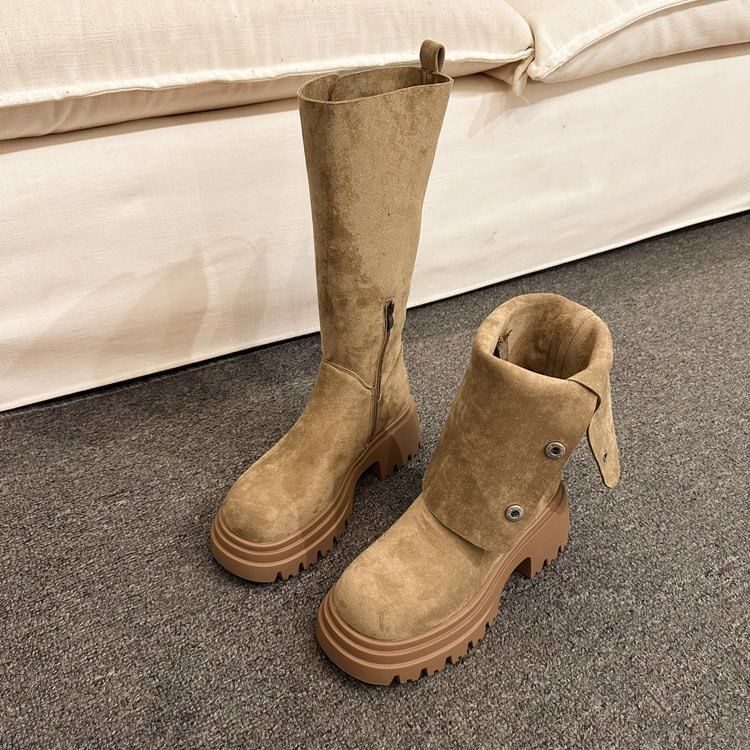 Suede Faux Platform Button Mid Boots Calf