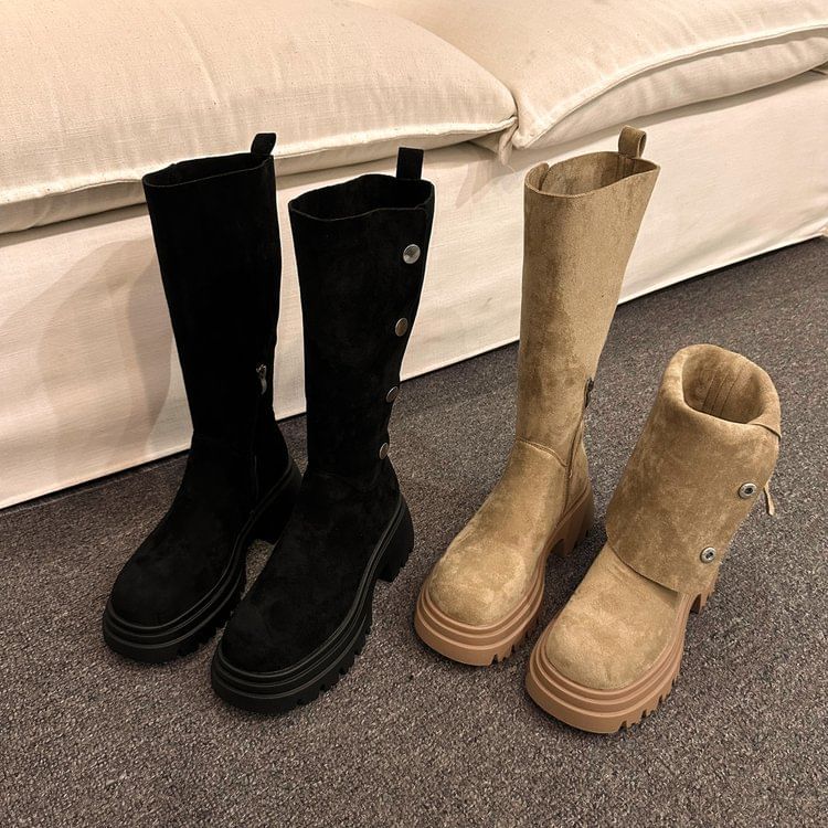Suede Faux Platform Button Mid Boots Calf