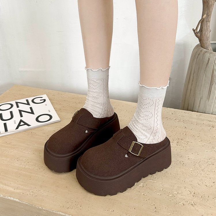 Mules Faux Buckled Suede Platform