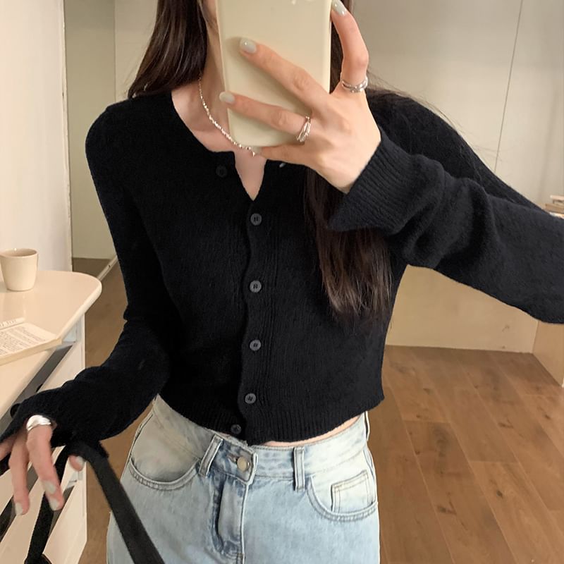 Solid Button Crop Knit Jacket