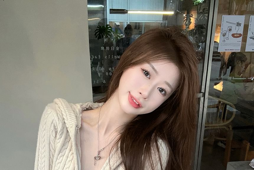 Hooded Simple Cable Knit Zip Up Cropped Sweater
