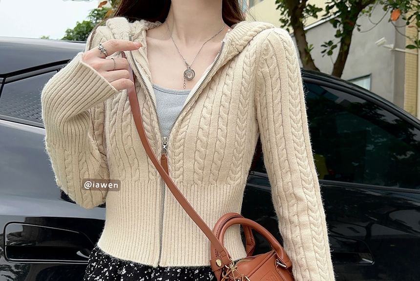 Hooded Simple Cable Knit Zip Up Cropped Sweater