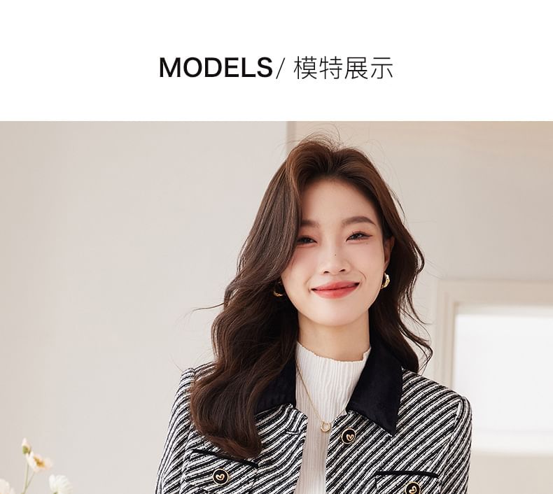 Collared Striped Button Cropped Tweed Jacket