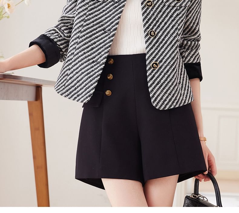 Collared Striped Button Cropped Tweed Jacket