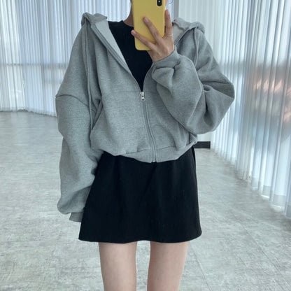 Drop Shoulder Plain Zip Up Cropped Hoodie