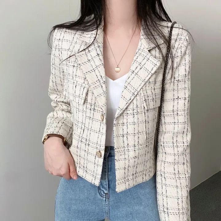 Lapel Collar Plaid Tweed Cropped Button Jacket