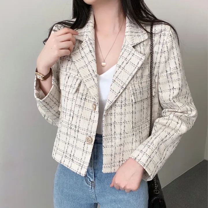 Lapel Collar Plaid Tweed Cropped Button Jacket