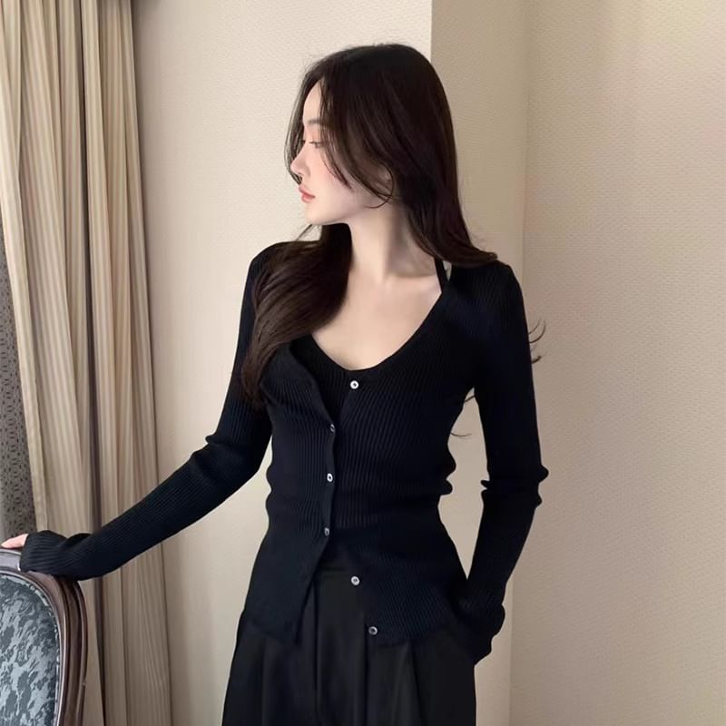V-Cut Simple Ribbed Knit Sweater Jacket