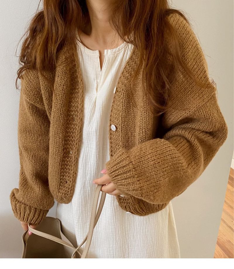 Bubble-Sleeve V-Neck Cardigan