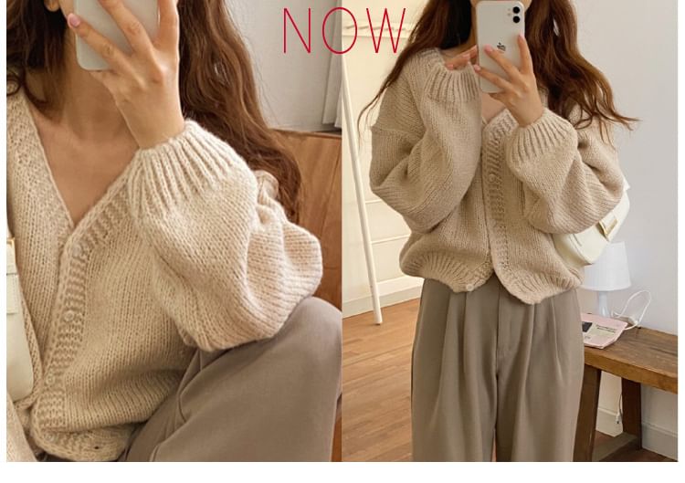 Bubble-Sleeve V-Neck Cardigan