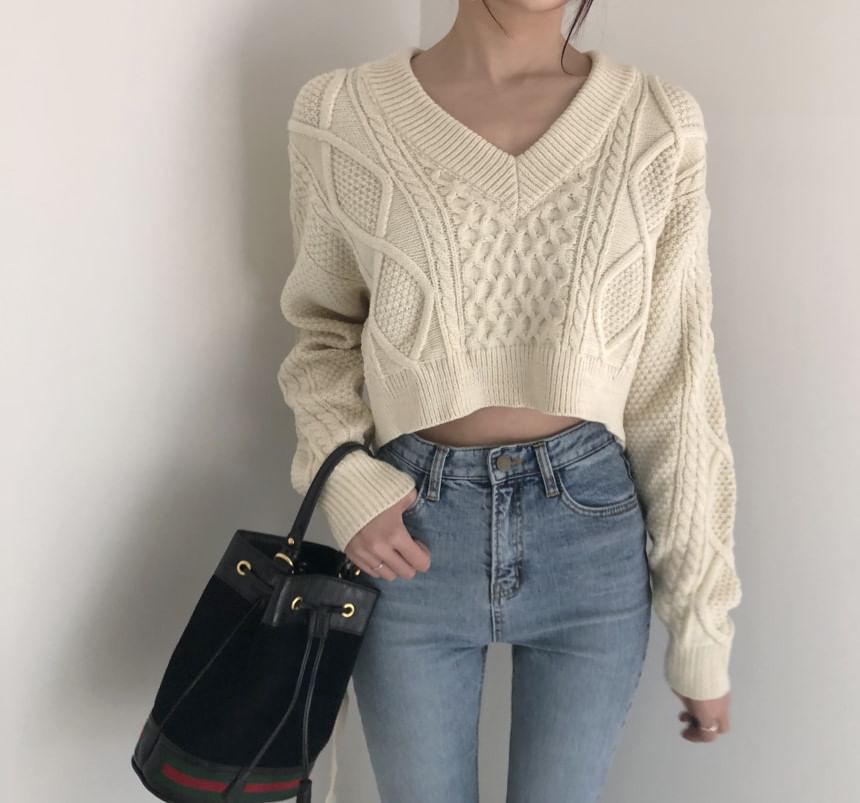 Tie-Back Cable-Knit V-Neck Sweater