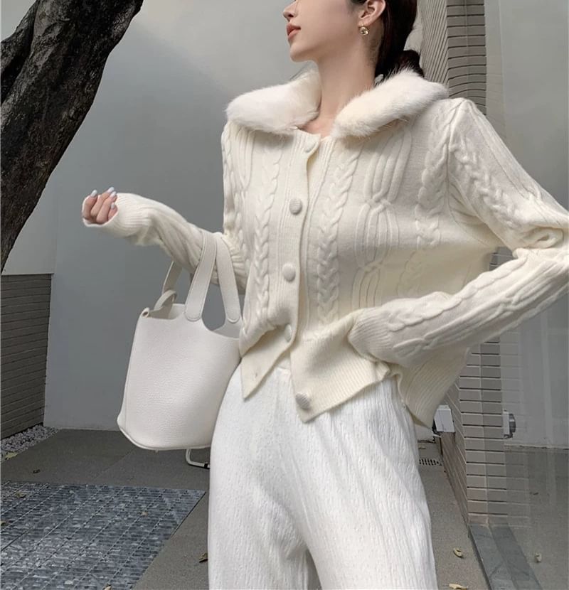 Faux Fur-Collar Cable-Knit Cardigan in 6 Colors