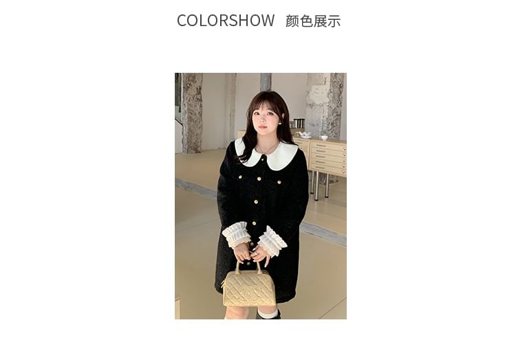 Plus Size Contrast Collar Frill Trim Button Tweed Coat Dress