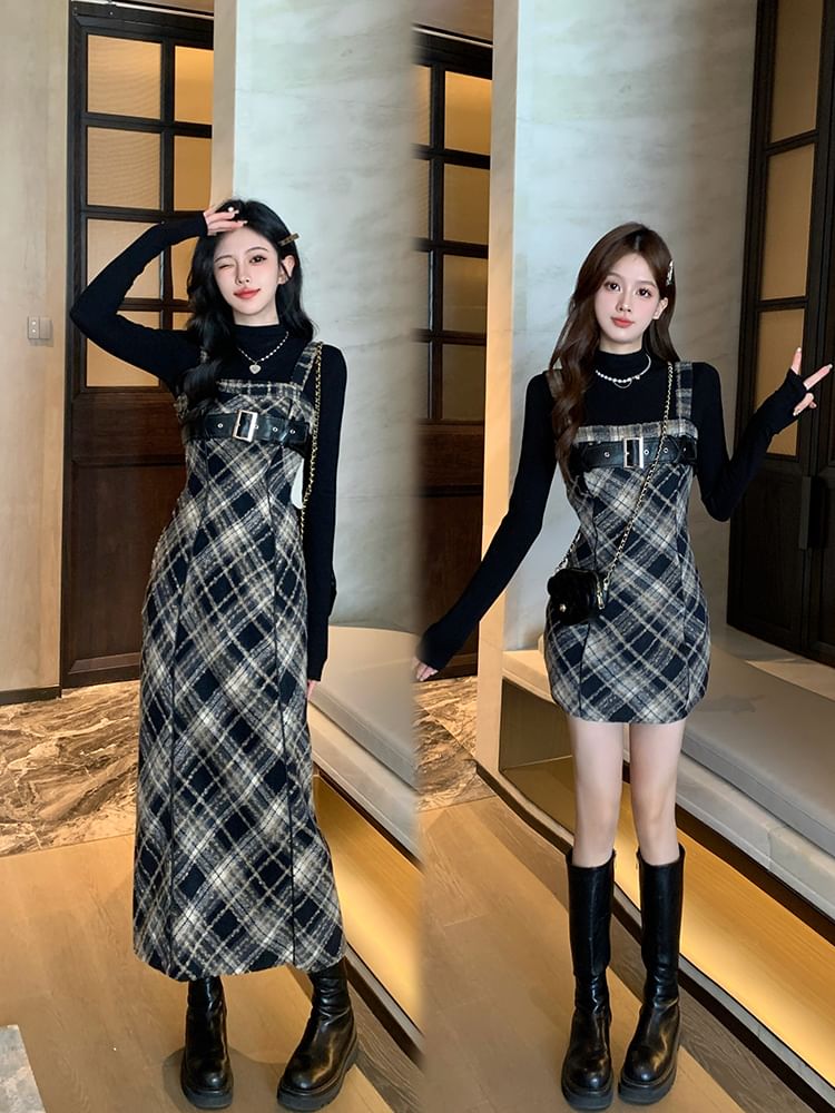 Long-Sleeve Mock Neck Knit Top / Plaid Midi Dungaree Dress / Set