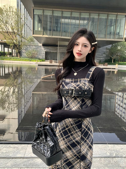 Long-Sleeve Mock Neck Knit Top / Plaid Midi Dungaree Dress / Set