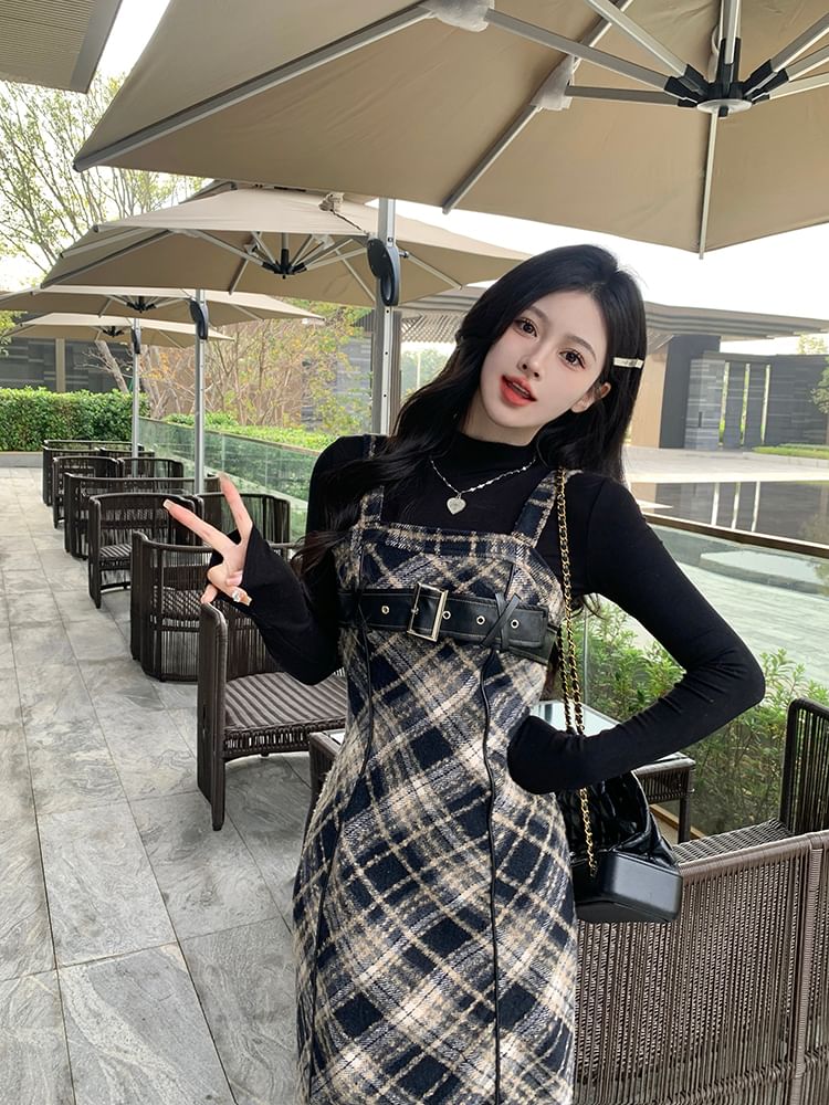 Long-Sleeve Mock Neck Knit Top / Plaid Midi Dungaree Dress / Set