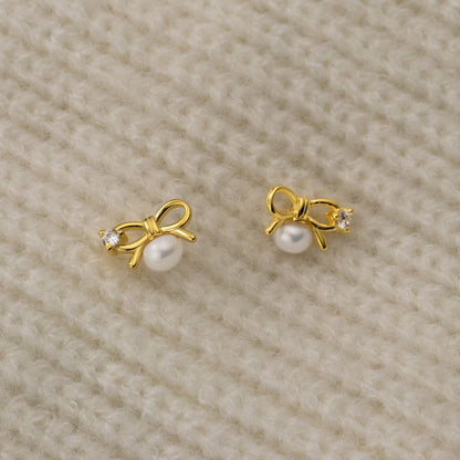 S925 Sterling Silver Bow Rhinestone Faux Pearl Stud Earring