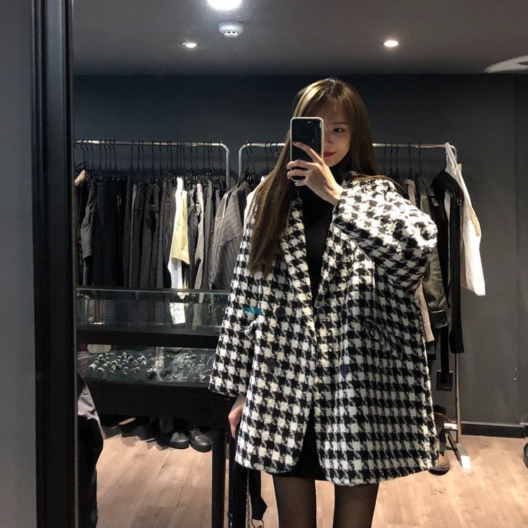Houndstooth Double-Breasted Lapel Wool Coat