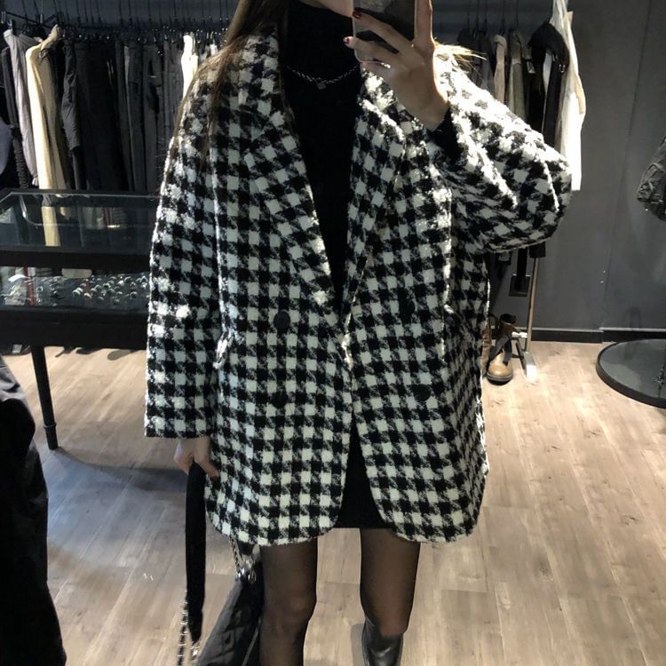 Houndstooth Double-Breasted Lapel Wool Coat