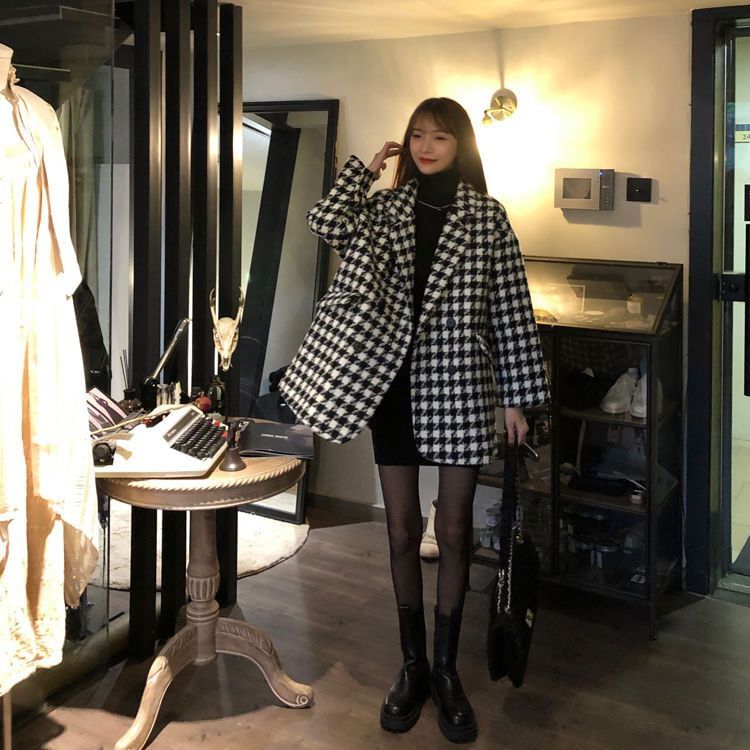 Houndstooth Double-Breasted Lapel Wool Coat
