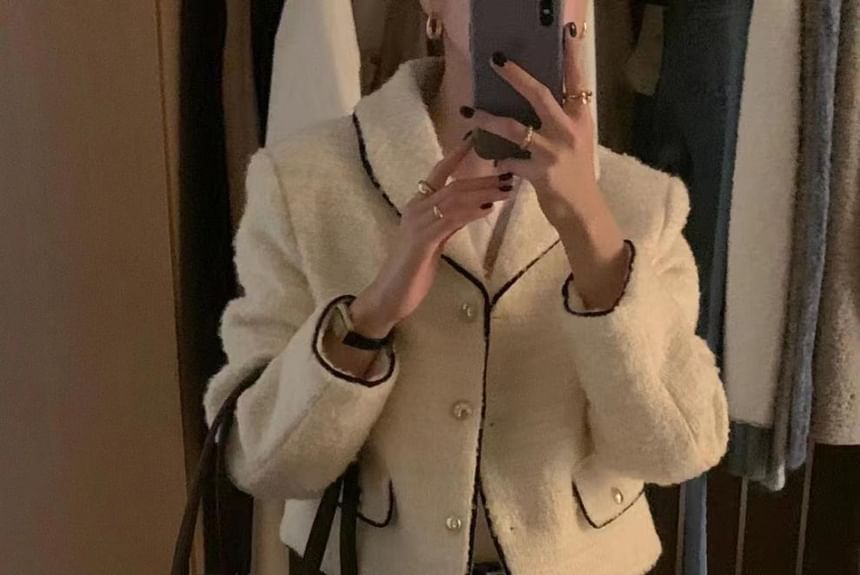 Collared Contrast Trim Tweed Button Jacket