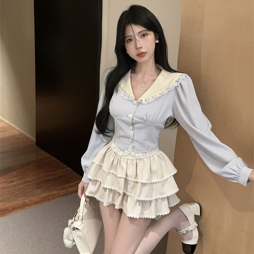 Long-Sleeve Two Tone Lace Trim Shirt / High Waist Tiered Mini A-Line Skirt