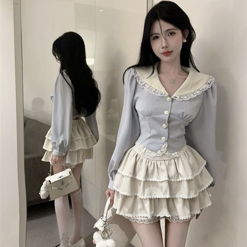 Long-Sleeve Two Tone Lace Trim Shirt / High Waist Tiered Mini A-Line Skirt