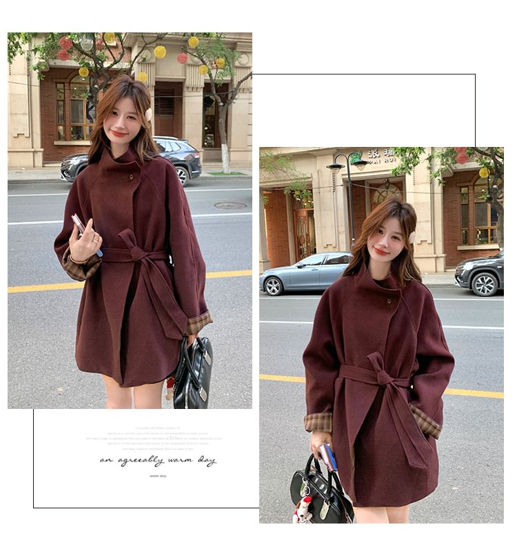 Stand Collar Plaid Lining Button Tie Front Coat
