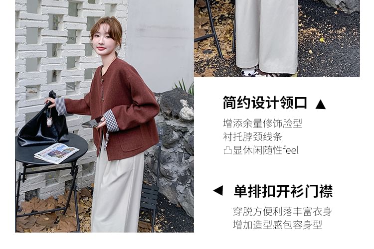 Round Neck Plain Button Jacket