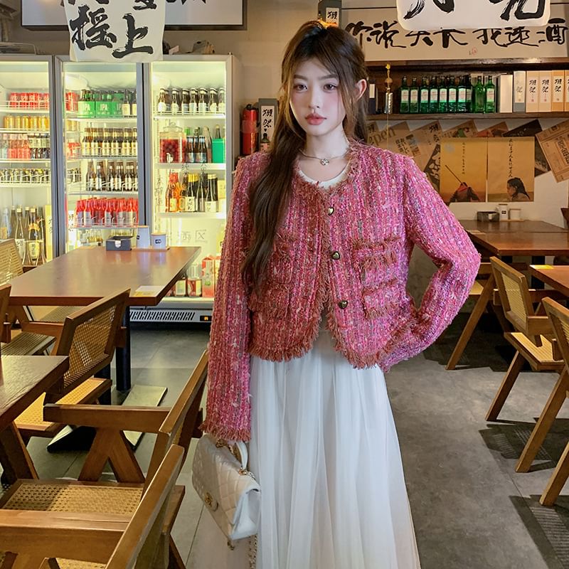 Tweed Button-Up Crop Jacket