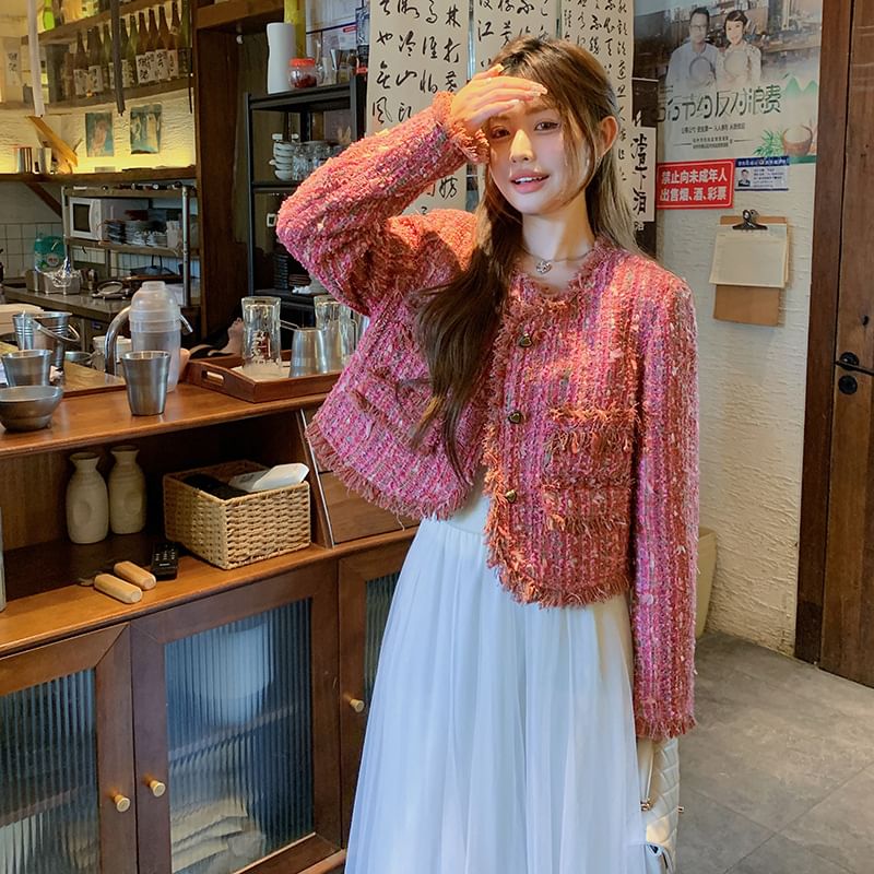 Tweed Button-Up Crop Jacket