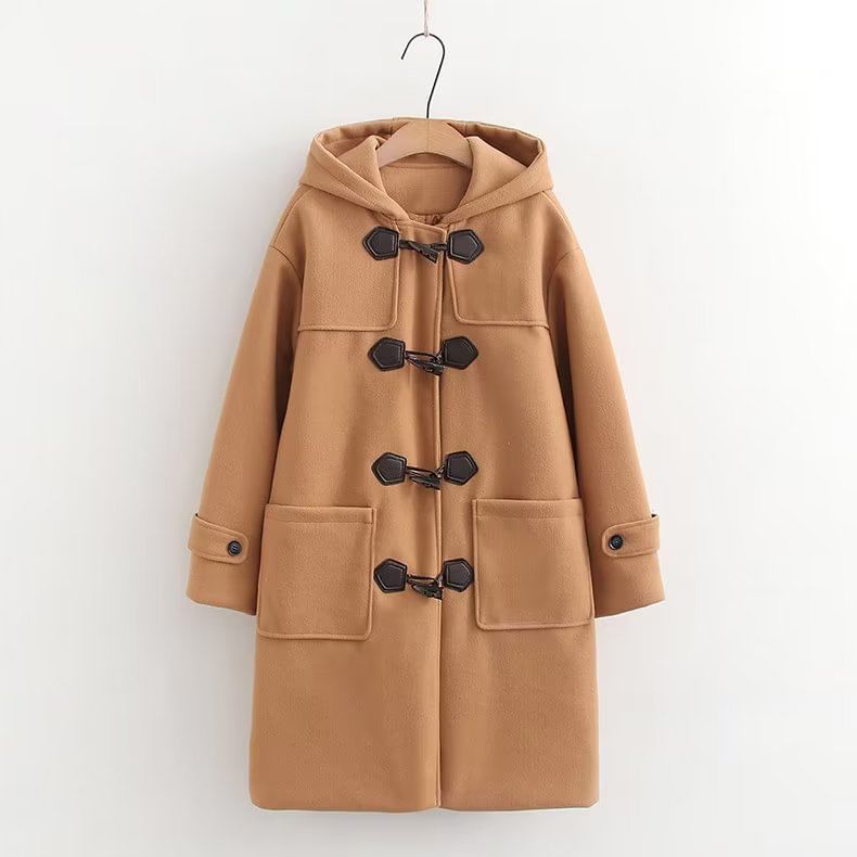 Hooded Plain Wool Toggle Long Coat
