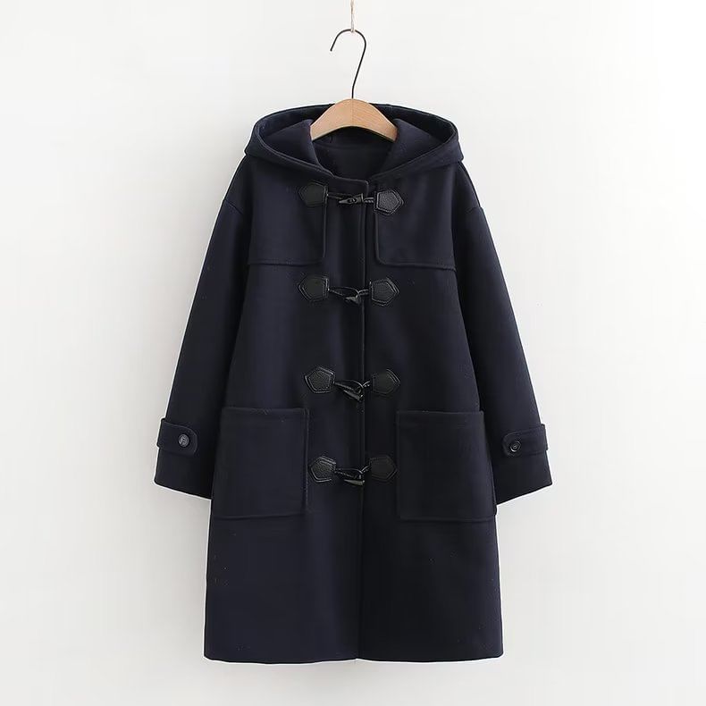 Hooded Plain Wool Toggle Long Coat