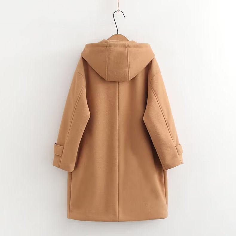 Hooded Plain Wool Toggle Long Coat