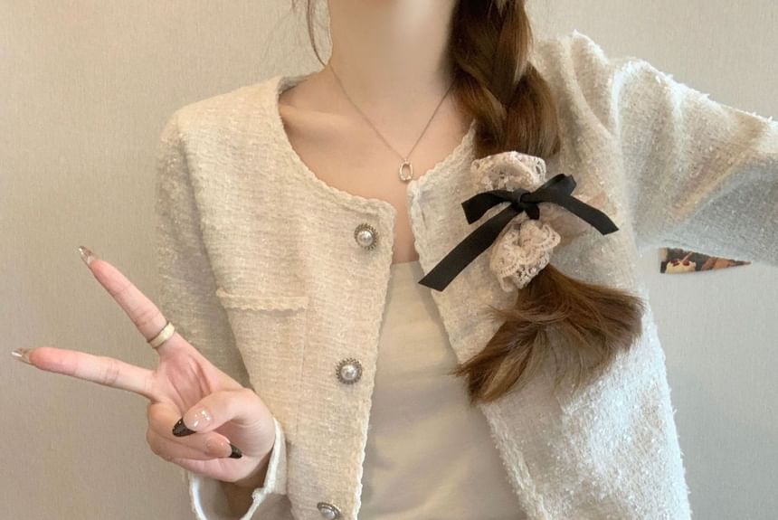 Round Neck Tweed Faux Pearl Button Jacket