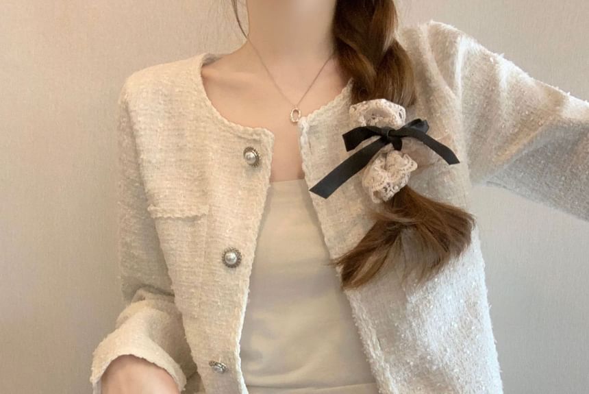 Round Neck Tweed Faux Pearl Button Jacket