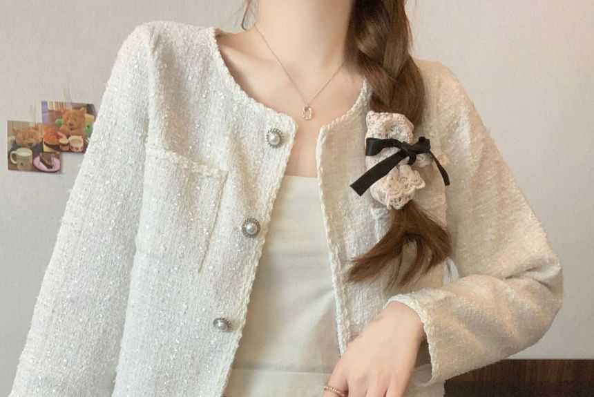 Round Neck Tweed Faux Pearl Button Jacket