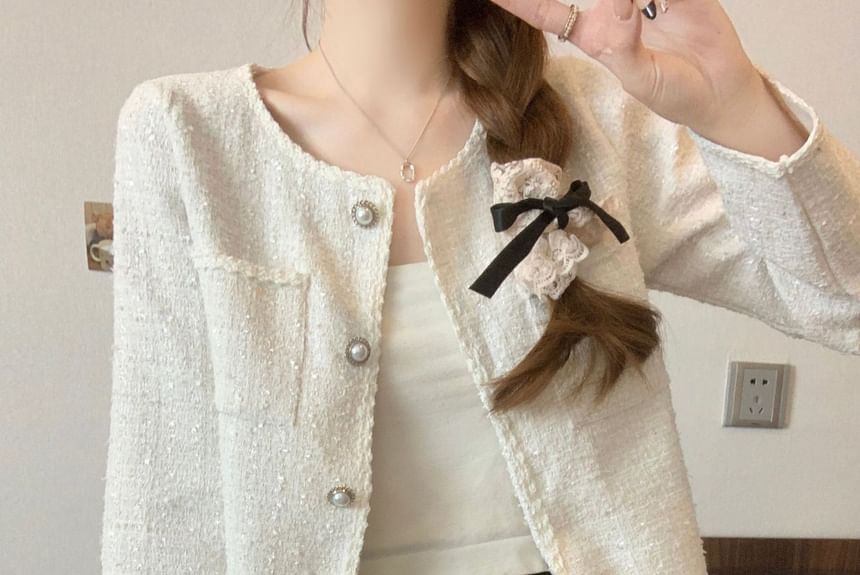 Round Neck Tweed Faux Pearl Button Jacket