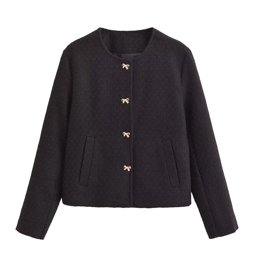 Round Neck Plain Tweed Bow Button Jacket