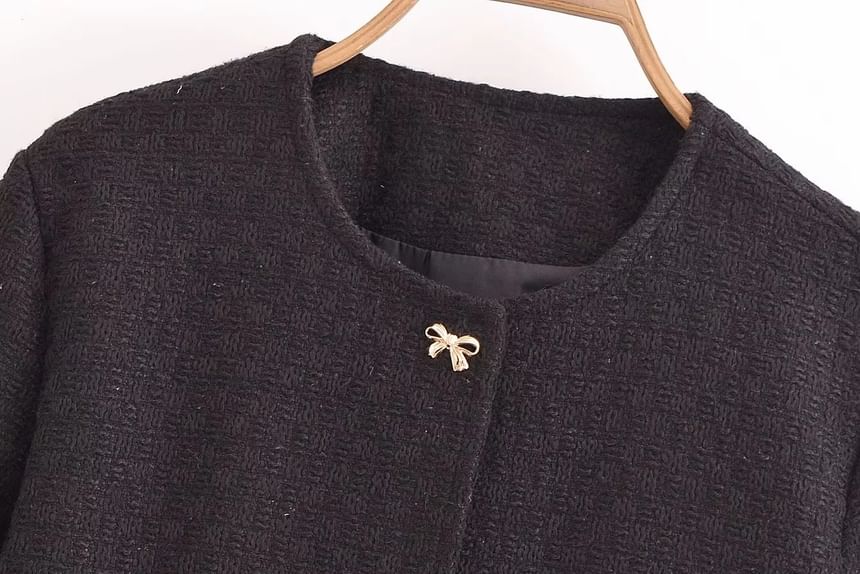 Round Neck Plain Tweed Bow Button Jacket
