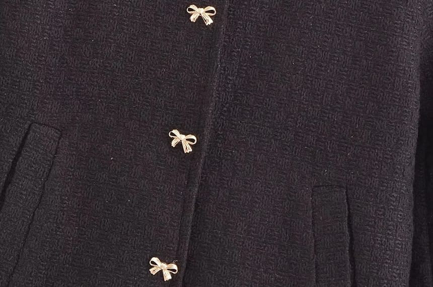 Round Neck Plain Tweed Bow Button Jacket