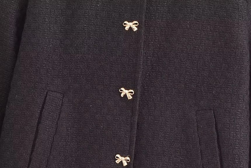 Round Neck Plain Tweed Bow Button Jacket