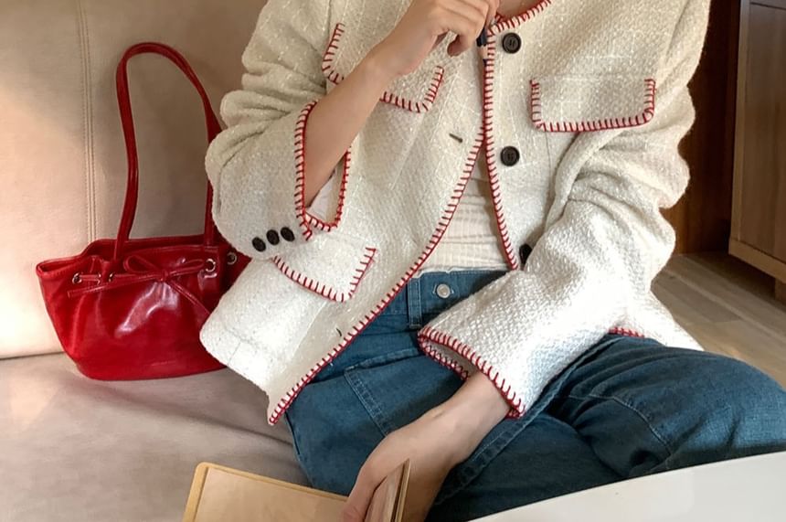 Crew Neck Contrast Stitched Button-Up Tweed Crop Jacket
