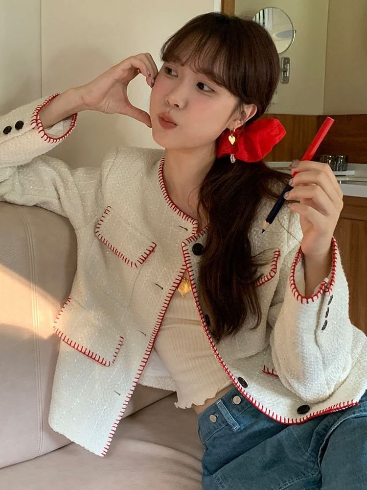 Crew Neck Contrast Stitched Button-Up Tweed Crop Jacket