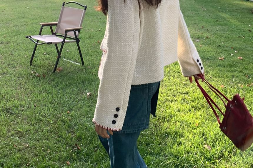Crew Neck Contrast Stitched Button-Up Tweed Crop Jacket