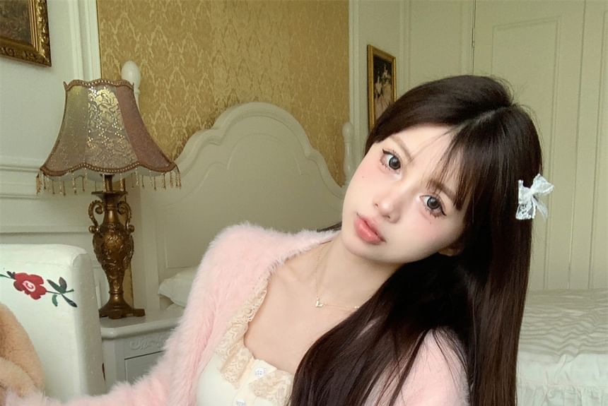 Skirt Plain Cardigan / Waist Cami Ruffle Open Trim Lace Mini Front High Top A-Line Fluffy