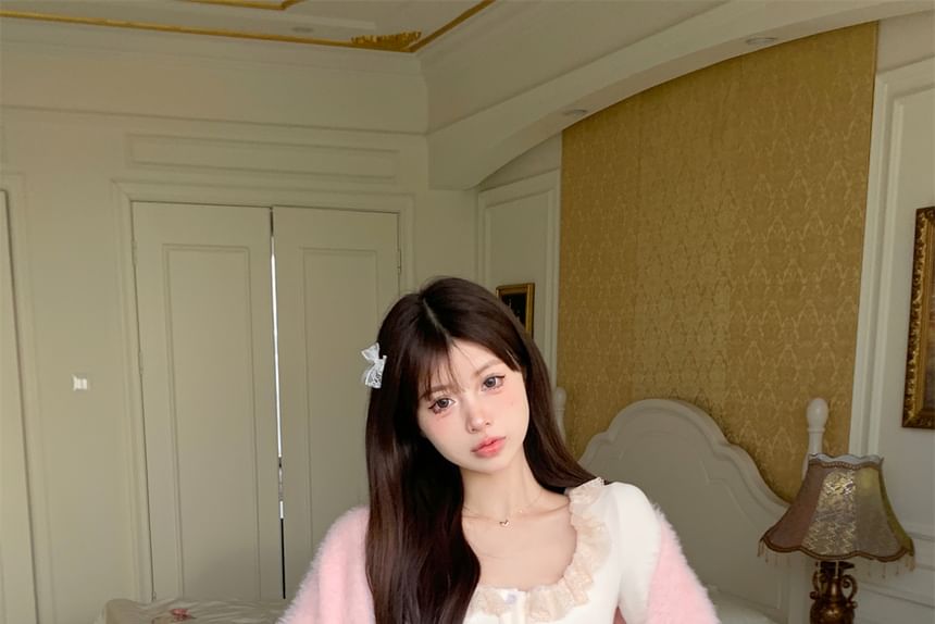 Skirt Plain Cardigan / Waist Cami Ruffle Open Trim Lace Mini Front High Top A-Line Fluffy