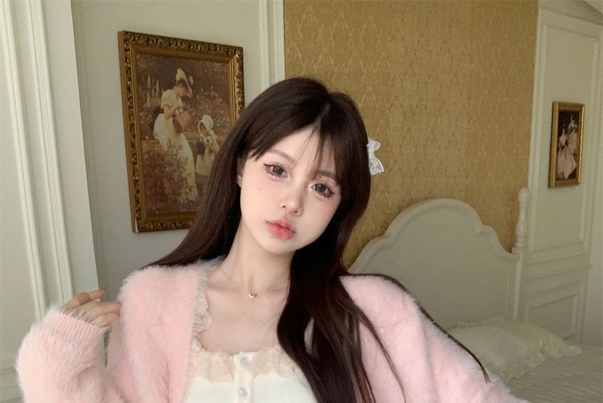 Skirt Plain Cardigan / Waist Cami Ruffle Open Trim Lace Mini Front High Top A-Line Fluffy