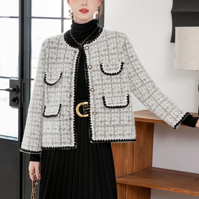 U-Neck Plaid Tweed Button-Up Jacket