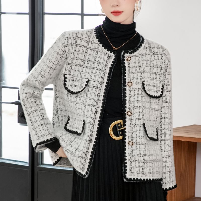U-Neck Plaid Tweed Button-Up Jacket